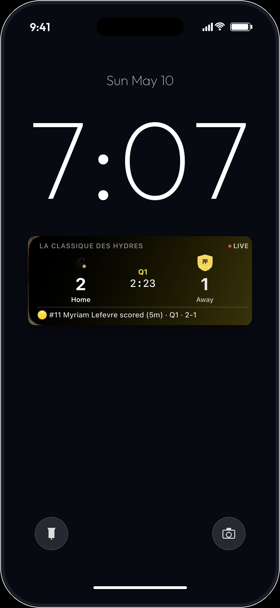 iPhone lock screen showing Eggbeater Live Activity with Hydres 1 vs Vortex B live score