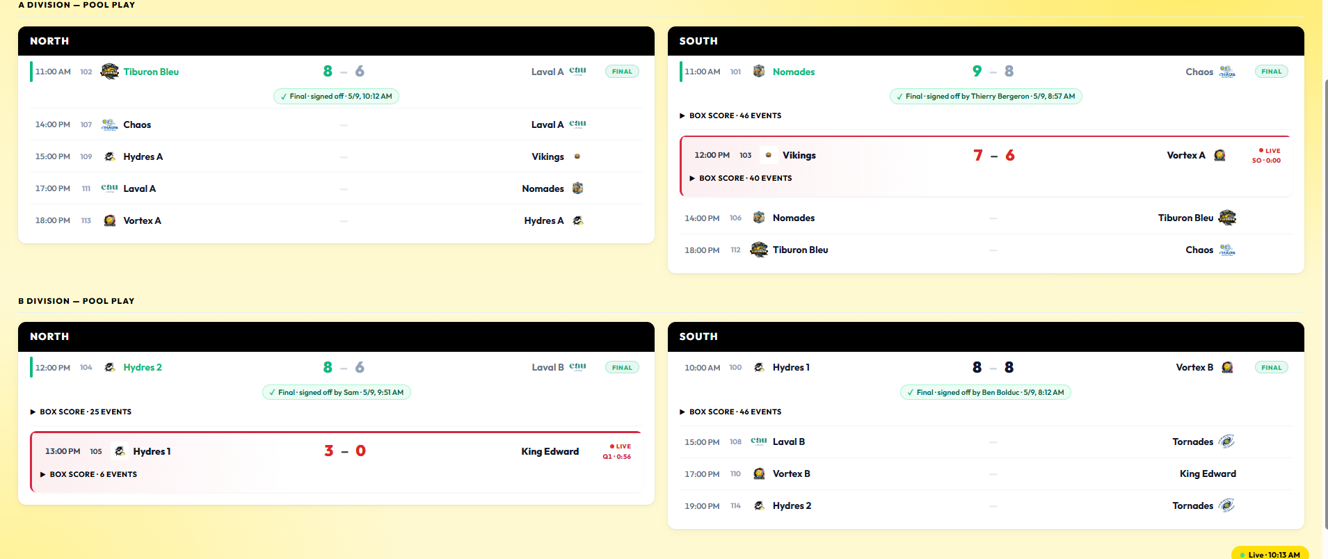 Public spectator dashboard showing every Saturday game across A and B divisions — finals signed off, live games with quarter and clock, upcoming games seeded automatically